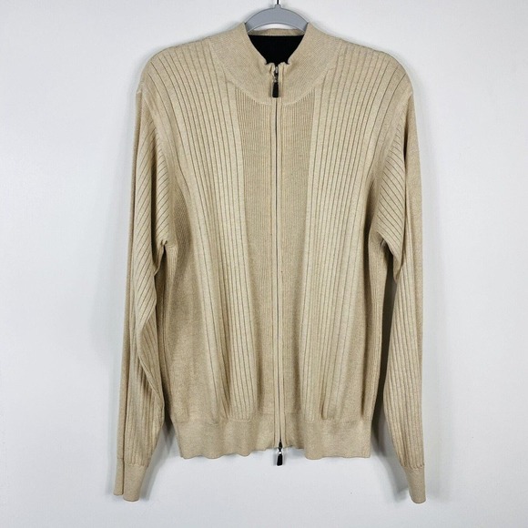 Harold Powell Size Large Full Zip Sweater Tan Silk Cotton Cashmere - Picture 1 of 5